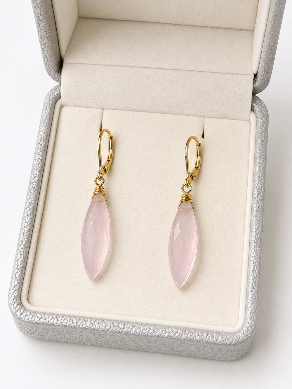 Pale Pink Chalcedony Marquis Earrings Gold Tone Nickel Free - Picture 3 of 5